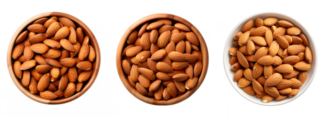 Almond, top view of a wooden bowl full of almond cut isolated on transparent background cutout, PNG file.