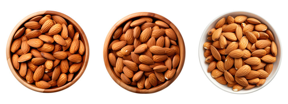 Almond, top view of a wooden bowl full of almond cut isolated on transparent background cutout, PNG file.