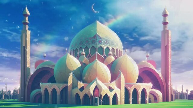 illustration of a mosque Ramadan background. Seamless and looping digital Painting animation style