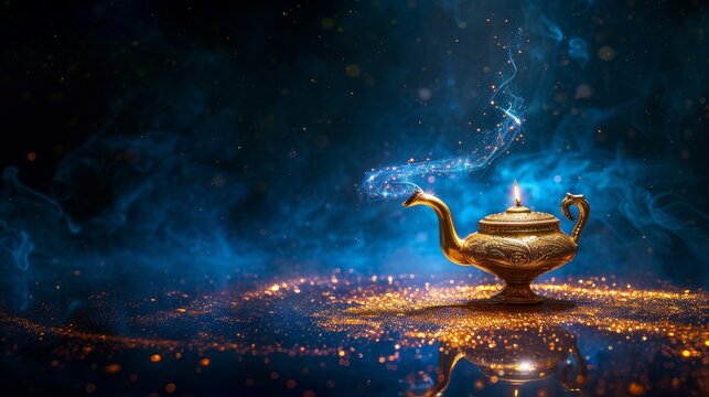 Magical mysterious aladdin lamp on dark background