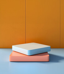 angled product photography mockup platform with orange background generated by AI