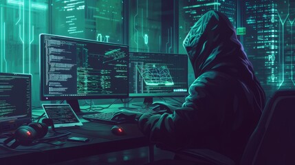 a hiding professional hacker with a hoodie not showing his face hacking illegally. wallpaper background