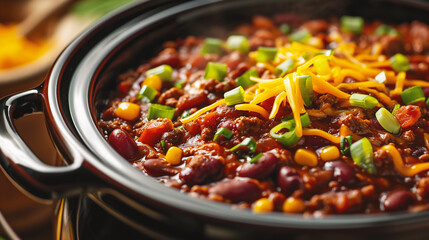 Chili con carne in a bowl on wooden table, closeup