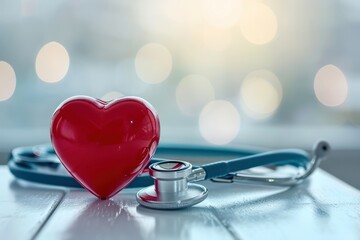 Stethoscope and heart on a cardiogram background, showcasing medical tools for cardiology, health, and heartbeat examination in a white and red setting