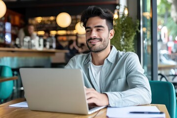 A man, immersed in his work, uses a laptop at a cafe, showcasing the blend of technology and business in a relaxed setting