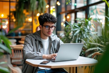 A man, immersed in his work, uses a laptop at a cafe, showcasing the blend of technology and business in a relaxed setting