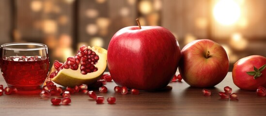Composition with apple, pomegranate and honey on light background
