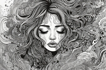 Black and white illustration of sad woman with her eyes closed, abstract details. Concept of depression and mental chaos, emotional health