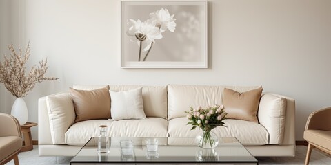 A living room with a white color scheme, featuring a sofa in taupe leather and a glass table.