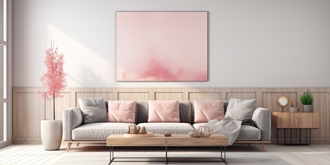Actual image of a chic living room with grey couch, pink cushions, cabinets, and lights.