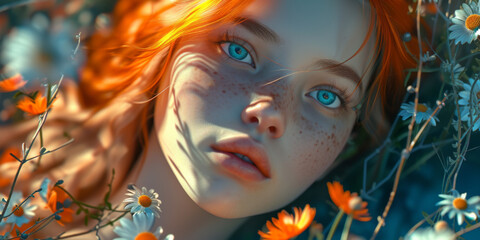 young girl in flowers with long hair and orange streaks, generative AI