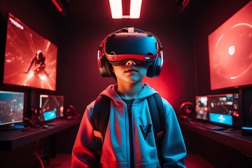  Little boy with VR glasses studying path simulation sciences at home, curious student wears a virtual reality headset to study science home online study futuristic lifestyle learning - obrazy, fototapety, plakaty