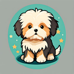 cute cartoon sticker art design of a brown, tan, and cream fluffy dog puppy - shih tzu, lhasa apso, terrier, spitz