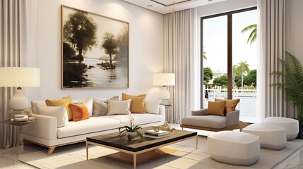 Fototapeta na wymiar Modern elegant living room interior design inspired by sophisticated palette 