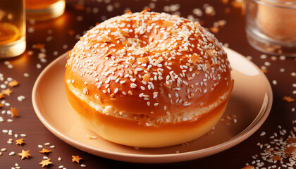 Freshly baked donut on wooden table, a sweet indulgence generated by AI