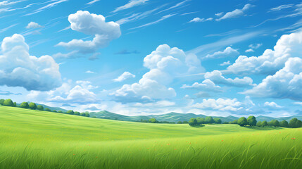 Fototapeta premium Illustration background, Beautiful grassy fields and summer blue sky with fluffy white clouds in the wind