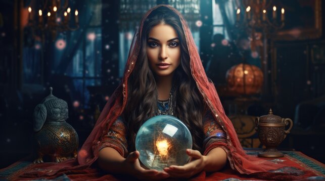 Charming gypsy female fortune teller guessing future at the table with magic crystal ball. Mysterious atmosphere. AI Generated 