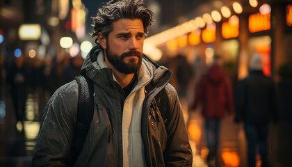 Obraz premium A confident young man walking in the city at night generated by AI