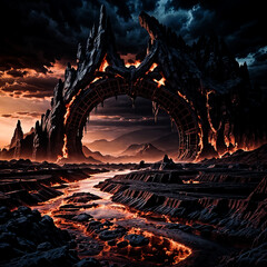 dark and scary hell environment with spooky landscape and fiery atmosphere created with using Generative AI Technology