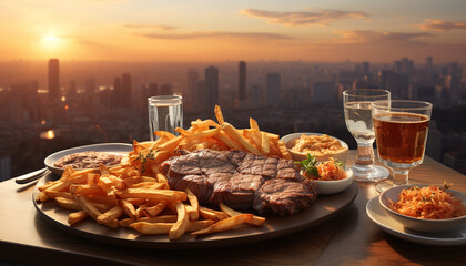 Grilled steak, fries, and beer on outdoor cityscape table generated by AI