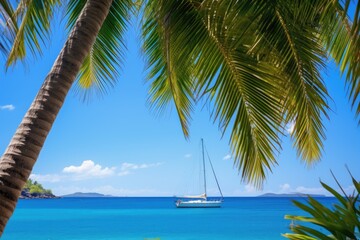 Beautiful sunny beach with a palm tree. Tropical paradise. Luxurious yacht on the sea. AI Generated 