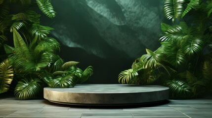 Podium beauty minimal display stage stand summer fashion abstract luxury plant. Minimal podium background texture green beauty shadow banner mockup wall stone leaf showcase cosmetic wallpaper sale art - obrazy, fototapety, plakaty