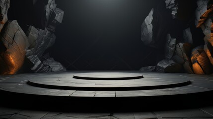 Obraz premium Black podium stone background rock product display 3d dark stand platform abstract stage scene studio. Stonewall black space podium mockup pedestal geometric marble showcases minimal presentation