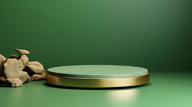 Green podium background platform product 3d studio presentation stage. Light abstract simple pedestal floor stand scene, wall pastel green color background render