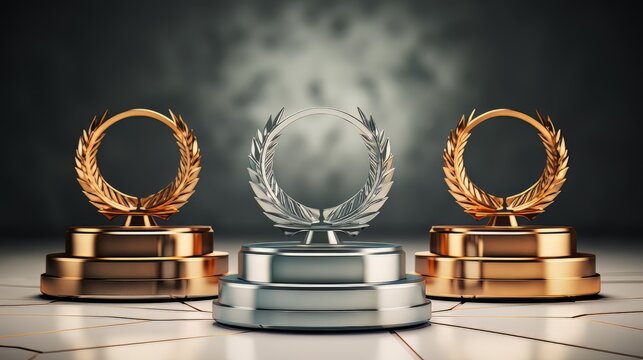 Winner award podium prize silver gold trophy win champion pedestal first stage bronze sport. Podium background winner 3d award ceremony medal platform laurel best place second third design light event