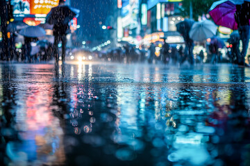 City during a downpour pedestrians navigating the wet streets under a canopy of brightly colored umbrellas,