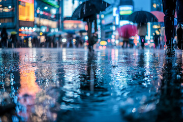 City during a downpour pedestrians navigating the wet streets under a canopy of brightly colored umbrellas,
