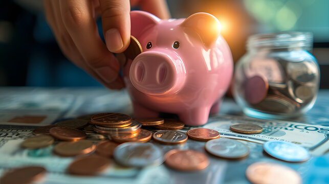 A piggy bank being filled with coins and bills, illustrating the idea of saving money for future goals