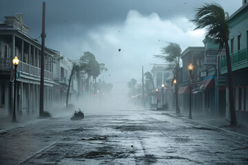 once-vibrant street now deserted and exposed to the fury of an impending storm - obrazy, fototapety, plakaty