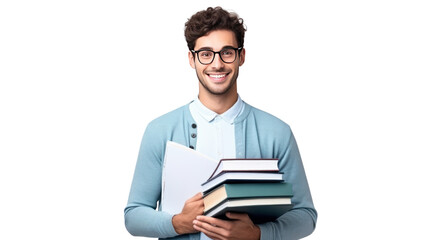 young handsome man holding notebooks, isolated on transparent and white background.PNG image.