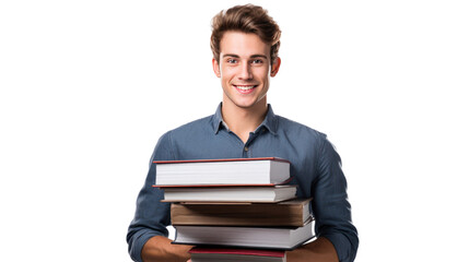 young handsome man holding notebooks, isolated on transparent and white background.PNG image.
