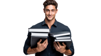 young handsome man holding notebooks, isolated on transparent and white background.PNG image.