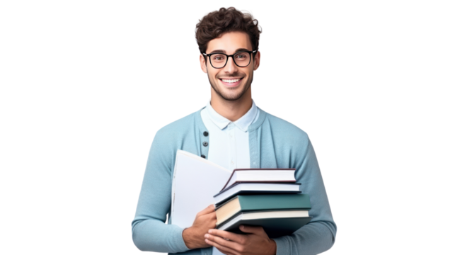 young handsome man holding notebooks, isolated on transparent and white background.PNG image.
