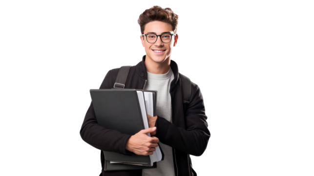 young handsome man holding notebooks, isolated on transparent and white background.PNG image.