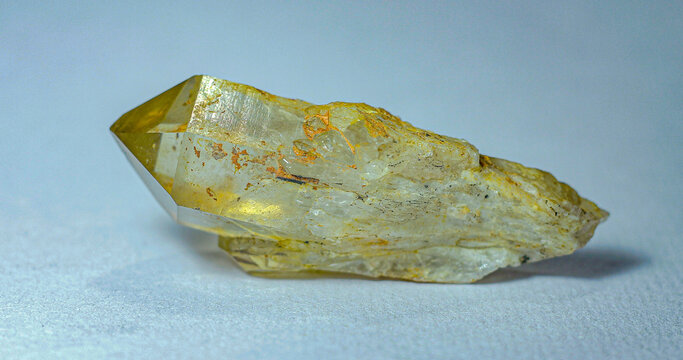 Stylized Enhanced High Contrast Transparent Elestial Smokey Brown Gold Hue Clear Quartz Natural Faceted Crystal Gemstone Single Termination Point Cluster White Background 