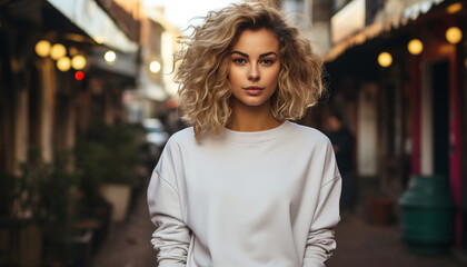 Fototapeta premium Young woman, confident and beautiful, walking in the city at night generated by AI