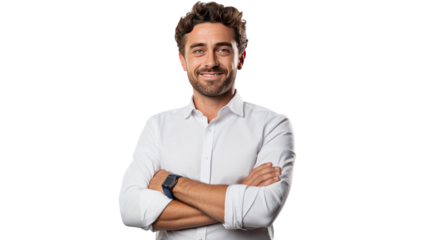 Young, handsome and friendly face man smile, isolated on transparent and white background.PNG image.	