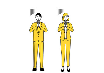 体の前で手を合わせて謝るスーツ姿の男性と女性のシンプルな線画イラスト