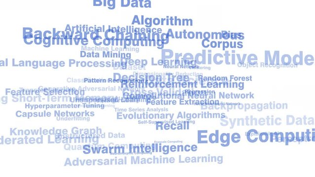 Lettering of artificial intelligence ai algorithm neural network and machine learning on white background addressing ethical concerns, risk, and unpredictability in future of technology
