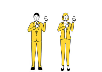 スマホのキャッシュレス・オンライン決済を勧めるスーツ姿の男性と女性のシンプルな線画イラスト