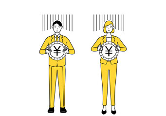 為替差損や円安のイメージ、スーツ姿の男性と女性のシンプルな線画イラスト