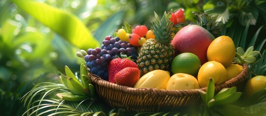 Tropical fruits in a grassy basket.