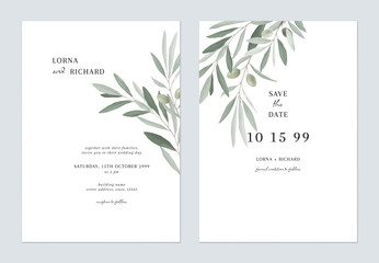 White green minimalist olive leaves wedding invitation