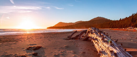 Sandy Beach on Pacific Ocean West Coast during Sunny Sunset. Vancouver Island