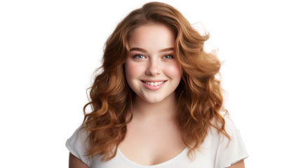 Young chubby student woman, 18 years old, smiling at the camera, isolated on transparent and white background.PNG image.