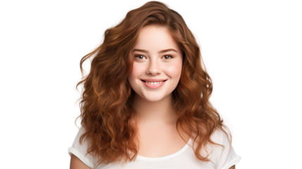 Young chubby student woman, 18 years old, smiling at the camera, isolated on transparent and white background.PNG image.